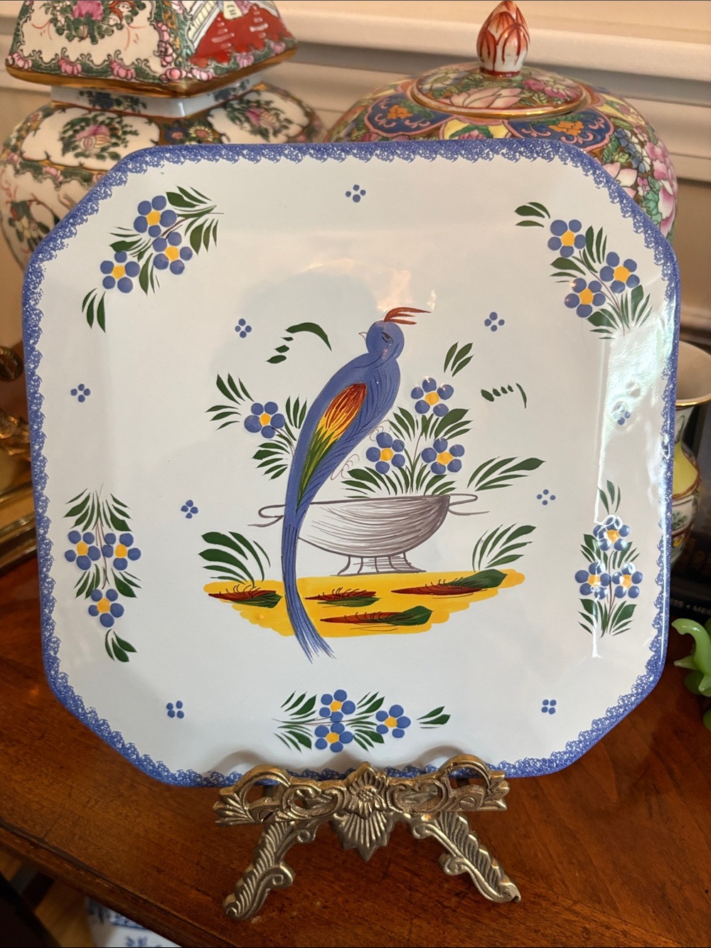 Rare Henriot Quimper "Jardin d'ete" Hand-painted French Faience Trivet